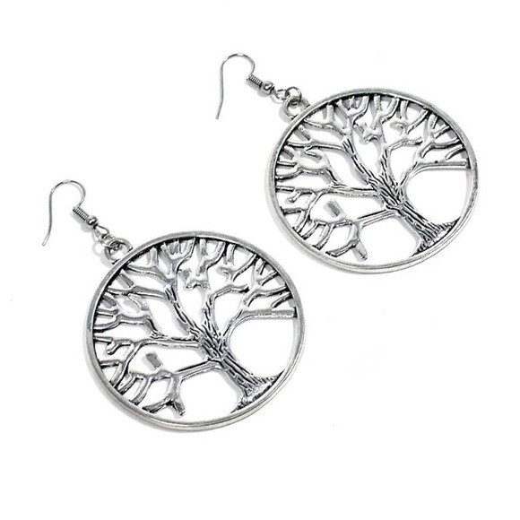 TREE OF LIFE Silvertone Round Drop Earrings NEW! 32 - Picture 1 of 2